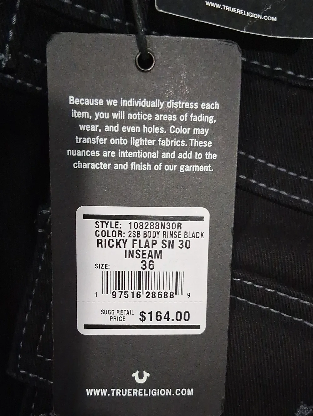 True Religion Ricky Relaxed Straight Jeans Size-36x30 Black NWT